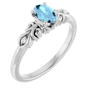 14K Gold Oval Natural Aquamarine & Natural Diamond Accented Ring - White Gold