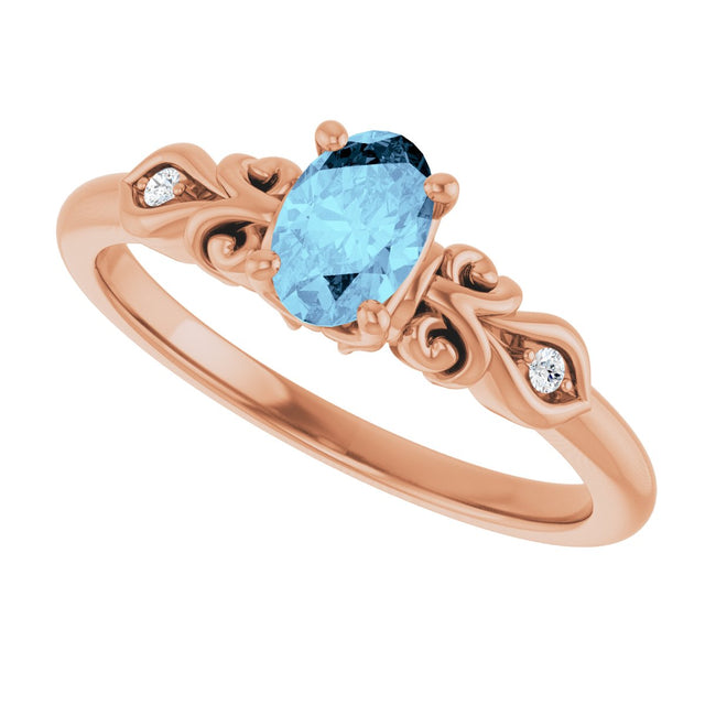 14K Gold Oval Natural Aquamarine & Natural Diamond Accented Ring - Rose Gold - view 5