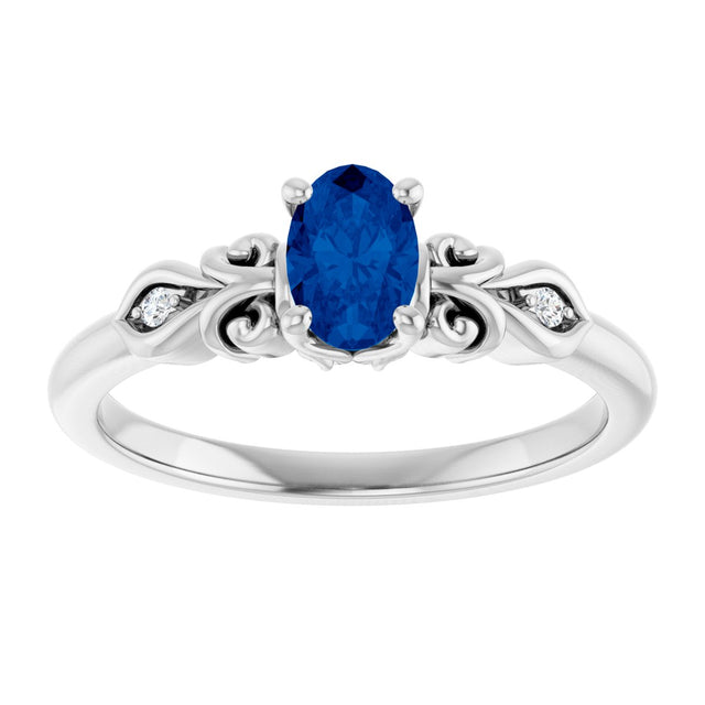 14K Gold Oval Lab-Grown Blue Sapphire & Natural Diamond Accented Ring - White Gold - view 3