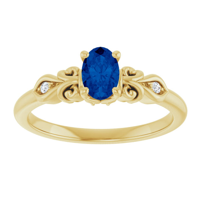 14K Gold Oval Lab-Grown Blue Sapphire & Natural Diamond Accented Ring - Yellow Gold - view 3
