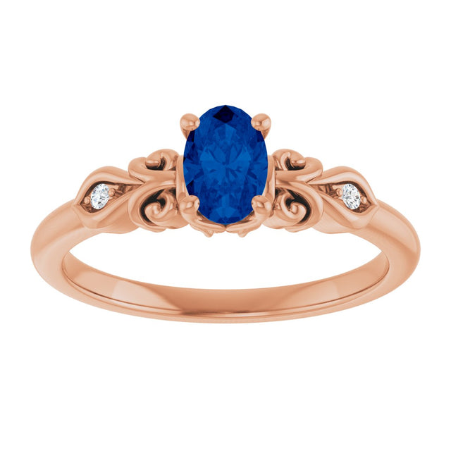 14K Gold Oval Lab-Grown Blue Sapphire & Natural Diamond Accented Ring - Rose Gold - view 3