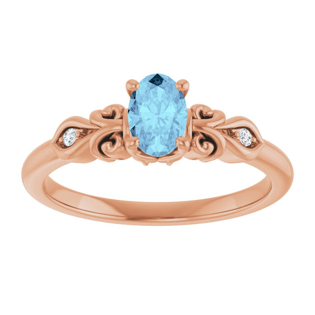 14K Gold Oval Natural Aquamarine & Natural Diamond Accented Ring - Rose Gold - view 3