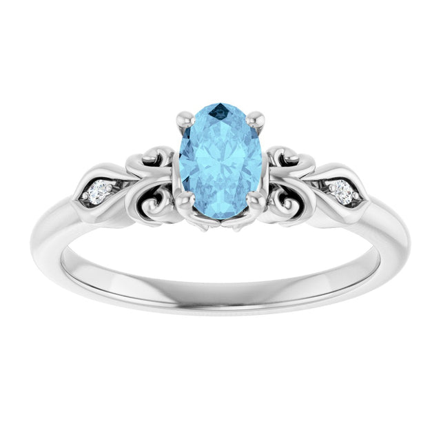 14K Gold Oval Natural Aquamarine & Natural Diamond Accented Ring - White Gold - view 3