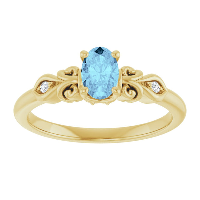 14K Gold Oval Natural Aquamarine & Natural Diamond Accented Ring - Yellow Gold - view 3