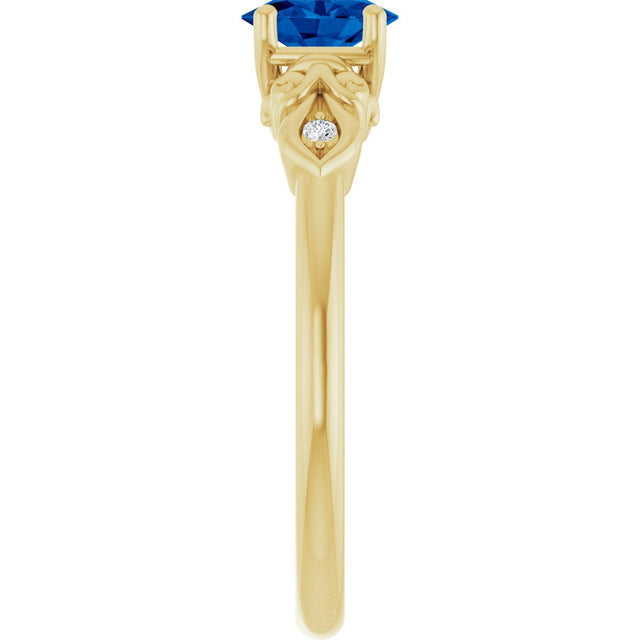 14K Gold Oval Lab-Grown Blue Sapphire & Natural Diamond Accented Ring - Yellow Gold - view 4