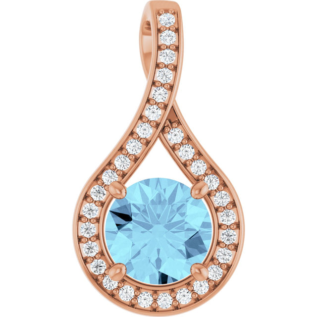 14K Gold Round Natural Aquamarine & Natural Diamond Accented Pendant – 0.08 CTW - Rose Gold