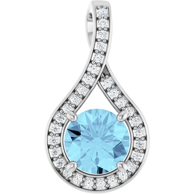 14K Gold Round Natural Aquamarine & Natural Diamond Accented Pendant – 0.08 CTW - White Gold
