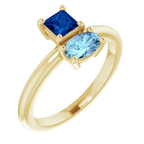 14K Gold Oval Natural Blue Sapphire & Natural Aquamarine Two-Stone Ring - Yellow Gold
