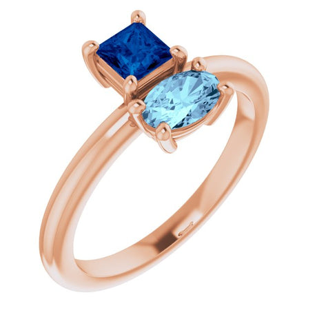 14K Gold Oval Natural Blue Sapphire & Natural Aquamarine Two-Stone Ring - Rose Gold