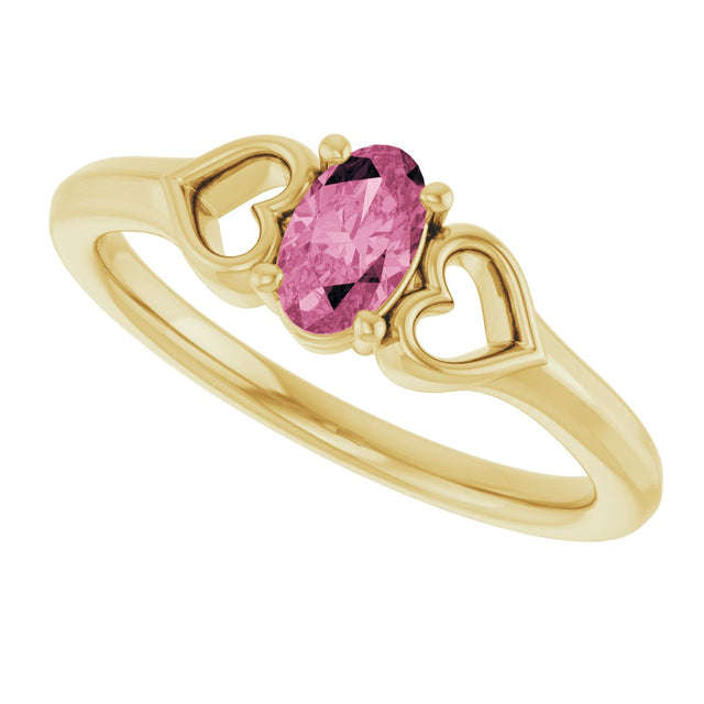 14K Gold Oval Natural Pink Tourmaline Youth Heart Ring - Yellow Gold - view 10