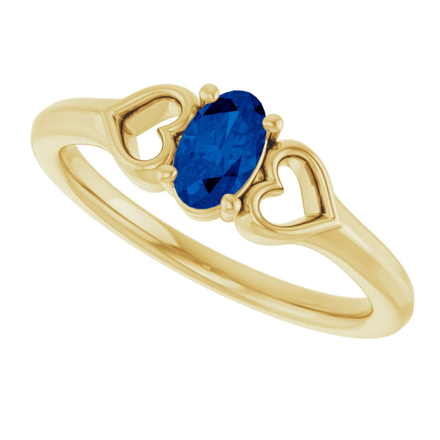 14K Gold Oval Lab-Grown Blue Sapphire Youth Heart Ring - Yellow Gold - view 10
