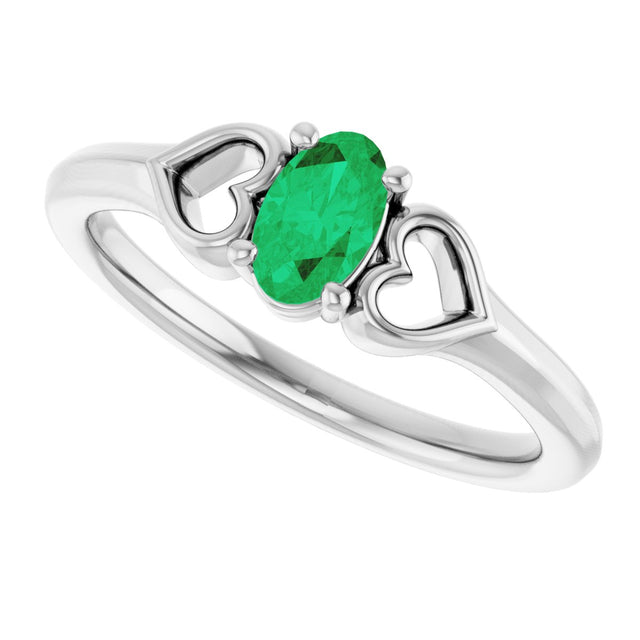 14K Gold Oval Natural Emerald Youth Heart Ring - White Gold - view 10