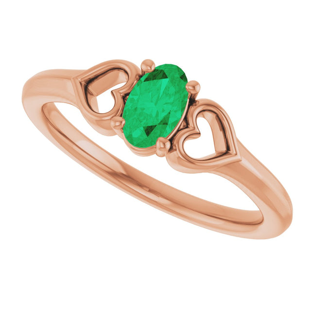 14K Gold Oval Natural Emerald Youth Heart Ring - Rose Gold - view 10