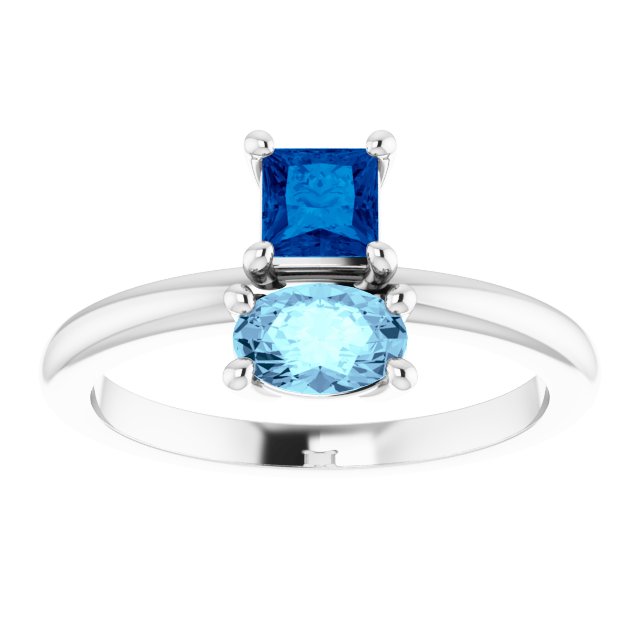 14K Gold Oval Natural Blue Sapphire & Natural Aquamarine Two-Stone Ring - White Gold - view 3