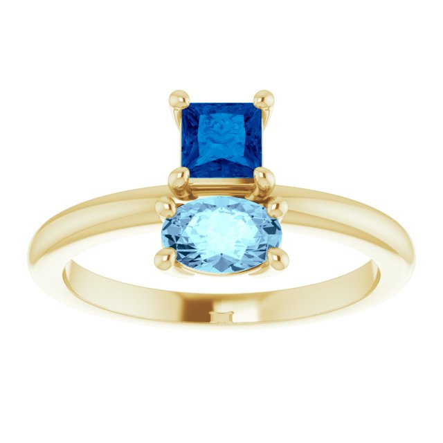 14K Gold Oval Natural Blue Sapphire & Natural Aquamarine Two-Stone Ring - Yellow Gold - view 3