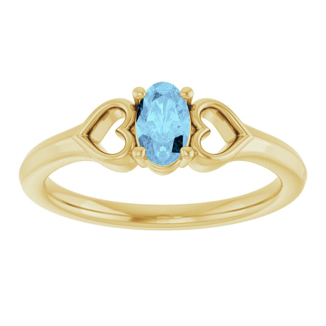 14K Gold Oval Natural Aquamarine Youth Heart Ring - Yellow Gold - view 8