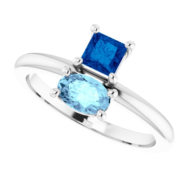 14K Gold Oval Natural Blue Sapphire & Natural Aquamarine Two-Stone Ring - White Gold - view 5