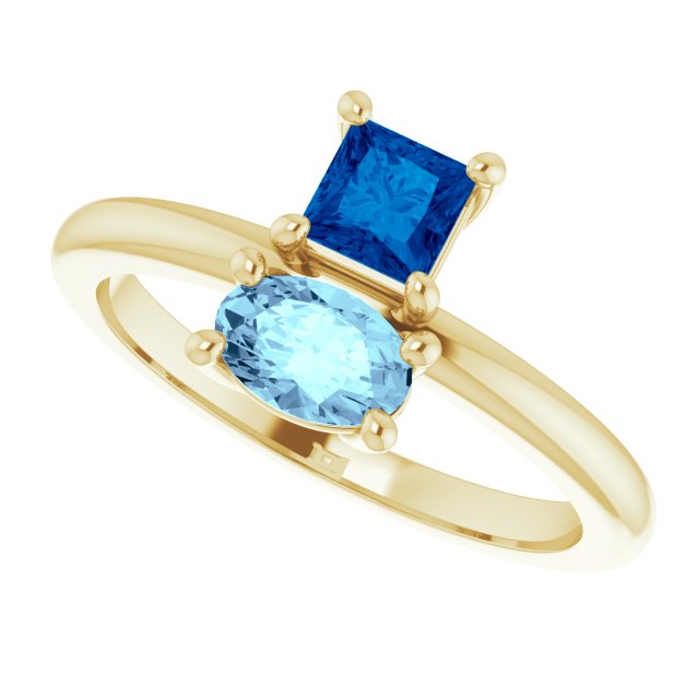 14K Gold Oval Natural Blue Sapphire & Natural Aquamarine Two-Stone Ring - Yellow Gold - view 5