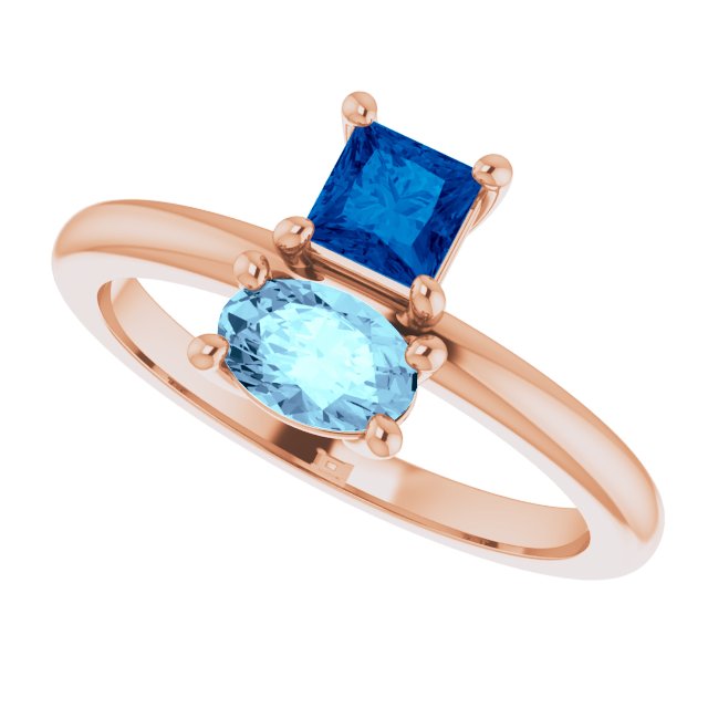 14K Gold Oval Natural Blue Sapphire & Natural Aquamarine Two-Stone Ring - Rose Gold - view 5