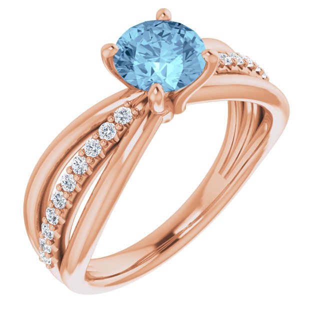 14K Gold Round Natural Aquamarine & Natural Diamond Accented Ring II - Rose Gold