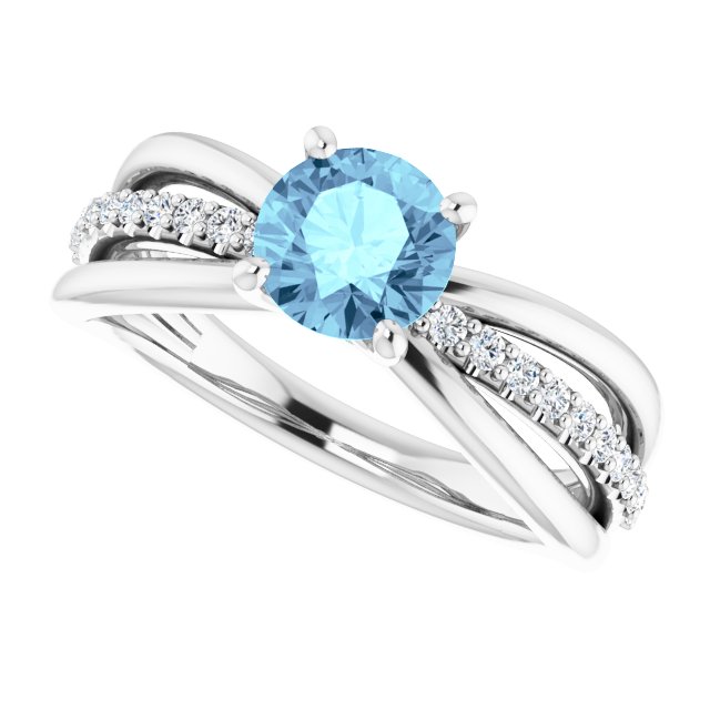 14K Gold Round Natural Aquamarine & Natural Diamond Accented Ring II - White Gold - view 5