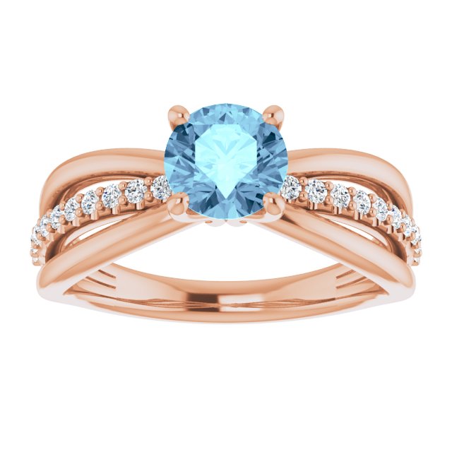 14K Gold Round Natural Aquamarine & Natural Diamond Accented Ring II - Rose Gold - view 3