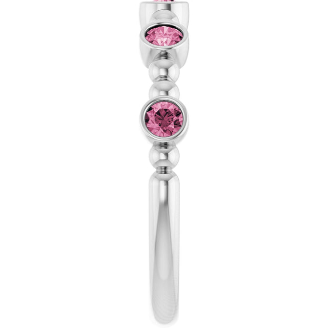 14K Gold Round Natural Pink Tourmaline Stackable Bead Ring – 2.5mm Stones - White Gold - view 9