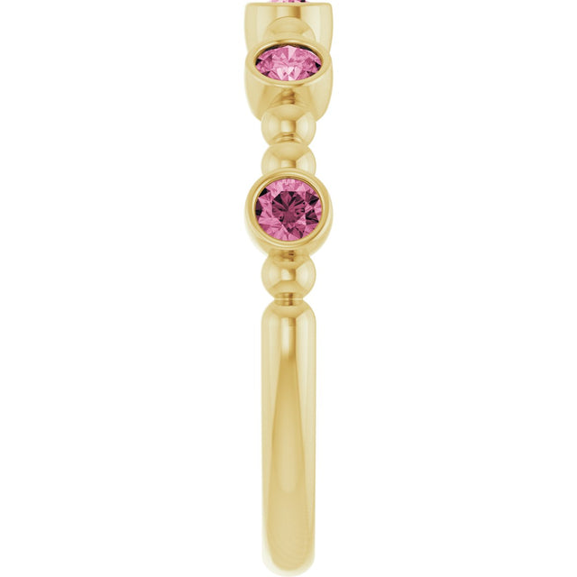 14K Gold Round Natural Pink Tourmaline Stackable Bead Ring – 2.5mm Stones - Yellow Gold - view 9