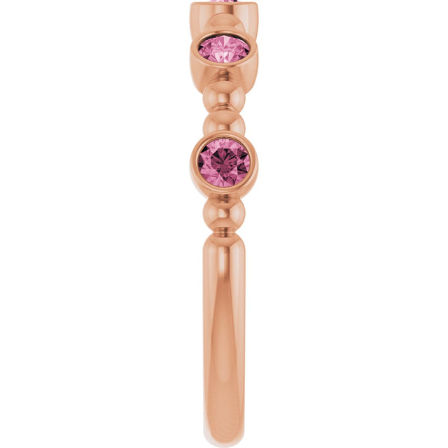14K Gold Round Natural Pink Tourmaline Stackable Bead Ring – 2.5mm Stones - Rose Gold - view 9
