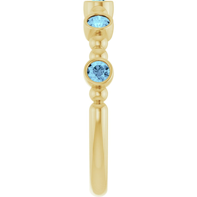 14K Gold Round Natural Aquamarine Stackable Bead Ring – 2.5mm Stones - Yellow Gold - view 9