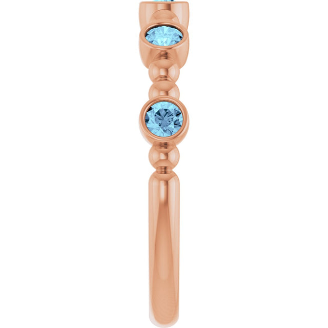 14K Gold Round Natural Aquamarine Stackable Bead Ring – 2.5mm Stones - Rose Gold - view 9