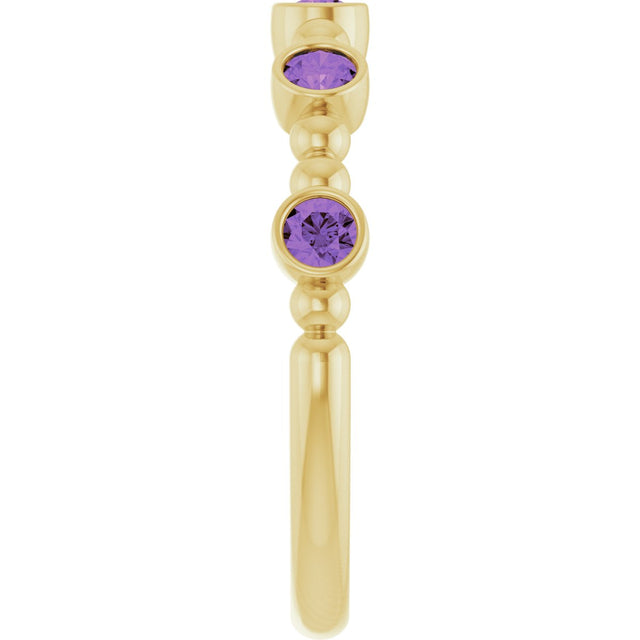 14K Gold Round Natural Amethyst Stackable Bead Ring – 2.5mm Stones - Yellow Gold - view 9