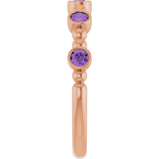 14K Gold Round Natural Amethyst Stackable Bead Ring – 2.5mm Stones - Rose Gold - view 9