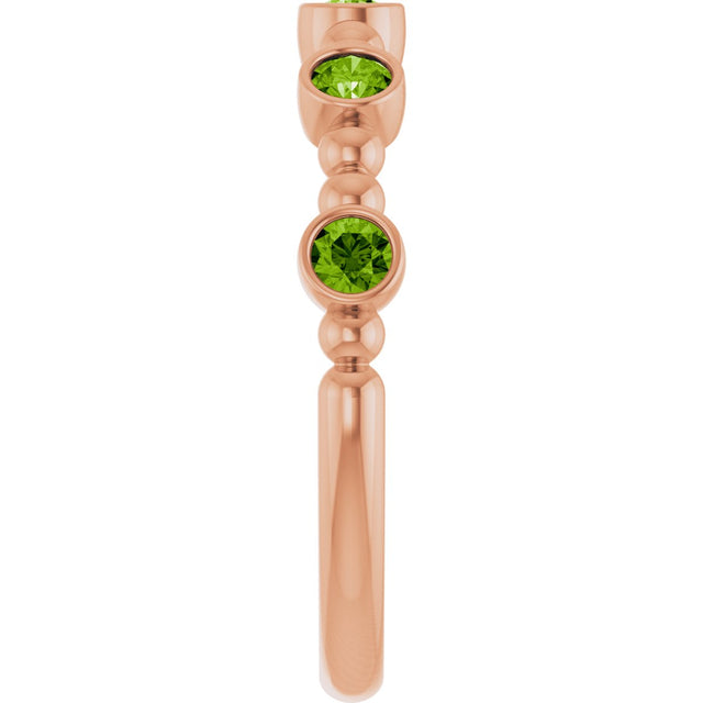 14K Gold Round Natural Peridot Stackable Bead Ring – 2.5mm Stones - Rose Gold - view 9