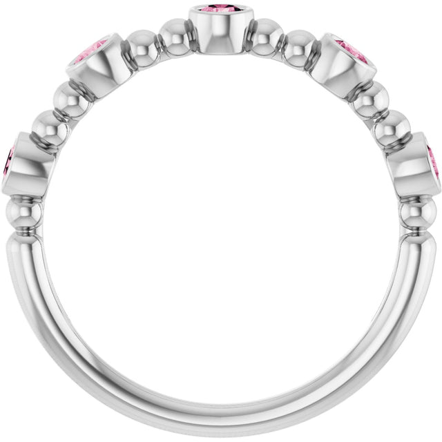 14K Gold Round Natural Pink Tourmaline Stackable Bead Ring – 2.5mm Stones - White Gold - view 7