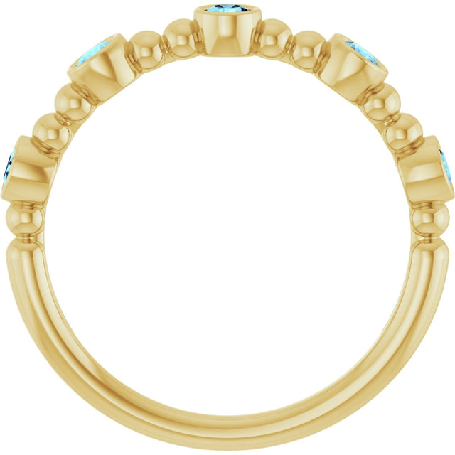 14K Gold Round Natural Aquamarine Stackable Bead Ring – 2.5mm Stones - Yellow Gold - view 7