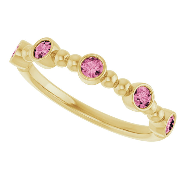 14K Gold Round Natural Pink Tourmaline Stackable Bead Ring – 2.5mm Stones - Yellow Gold - view 10