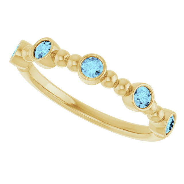 14K Gold Round Natural Aquamarine Stackable Bead Ring – 2.5mm Stones - Yellow Gold - view 10