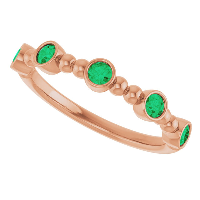 14K Gold Round Lab-Grown Emerald Stackable Bead Ring – 2.5mm Stones - Rose Gold - view 10