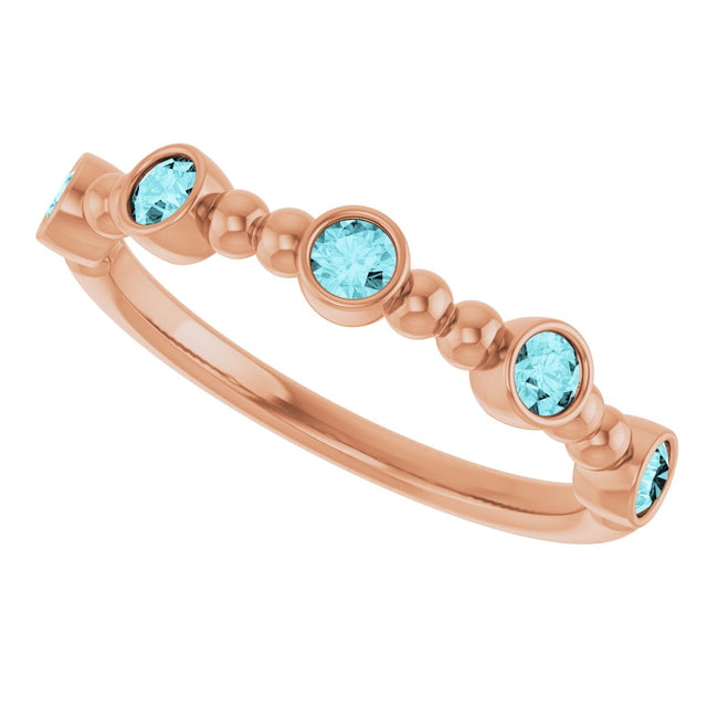 14K Gold Round Natural Blue Zircon Stackable Bead Ring – 2.5mm Stones - Rose Gold - view 10