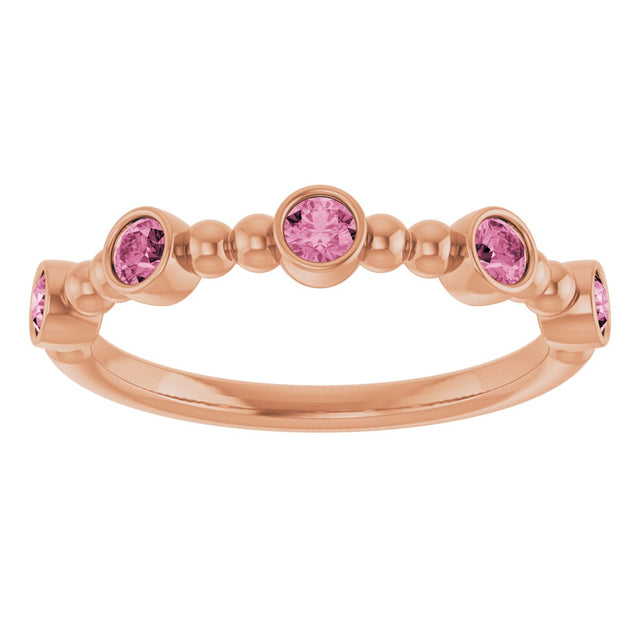 14K Gold Round Natural Pink Tourmaline Stackable Bead Ring – 2.5mm Stones - Rose Gold - view 8
