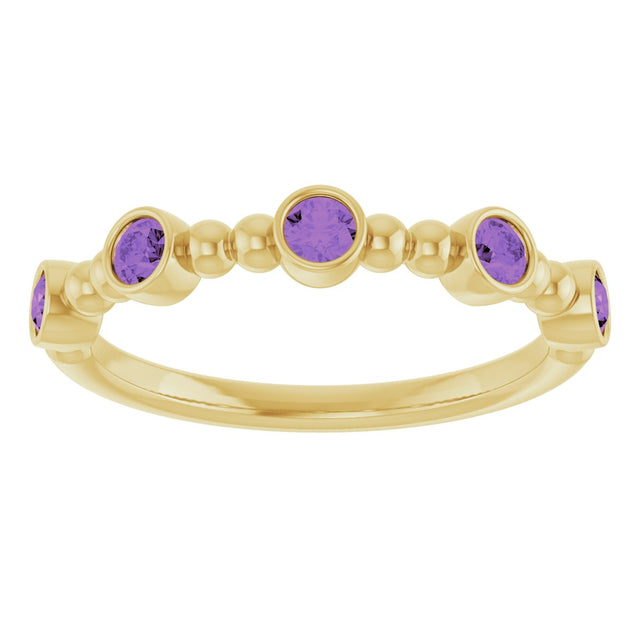 14K Gold Round Natural Amethyst Stackable Bead Ring – 2.5mm Stones - Yellow Gold - view 8