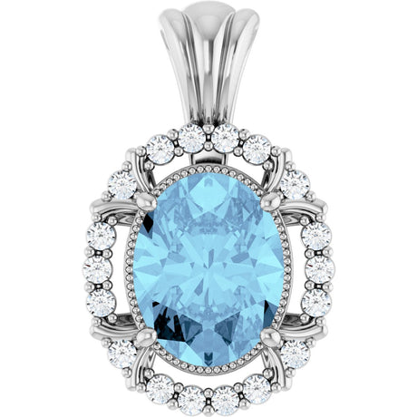 14K Gold Oval Natural Aquamarine & Natural Diamond Halo-Style Pendant - White Gold