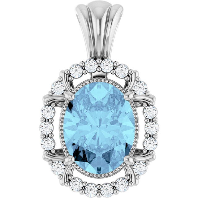 14K Gold Oval Natural Aquamarine & Natural Diamond Halo-Style Pendant - White Gold