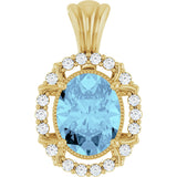 14K Gold Oval Natural Aquamarine & Natural Diamond Halo-Style Pendant - Yellow Gold