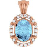14K Gold Oval Natural Aquamarine & Natural Diamond Halo-Style Pendant - Rose Gold