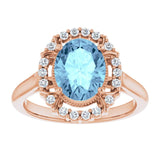 14K Gold Oval Natural Aquamarine & Natural Diamond Halo-Style Ring – 9x7mm - Rose Gold - view 3