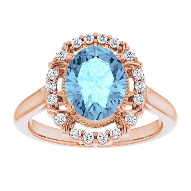 14K Gold Oval Natural Aquamarine & Natural Diamond Halo-Style Ring – 9x7mm - Rose Gold - view 3