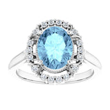 Platinum Oval Natural Aquamarine & Natural Diamond Halo-Style Ring – 9x7mm - view 3