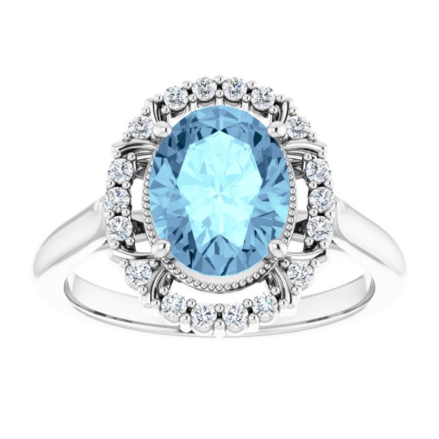 14K Gold Oval Natural Aquamarine & Natural Diamond Halo-Style Ring – 9x7mm - White Gold - view 3
